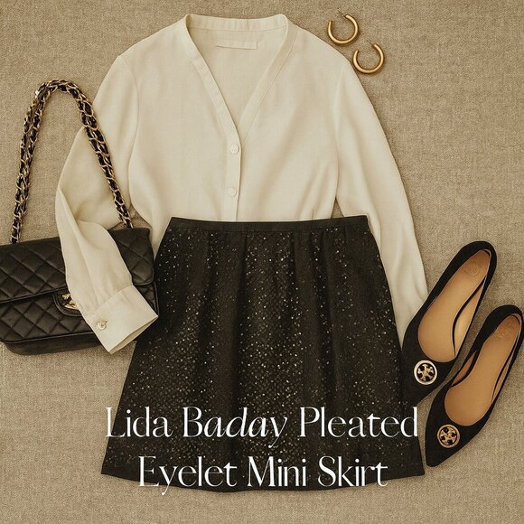 Lida Baday Dresses & Skirts - Lida Baday Black Eyelet Overlay Pleated Mini Skirt Size 4 Designer Quiet-Luxury
